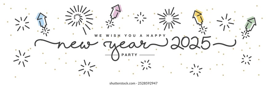 Happy new year 2025 party line design handwritten typography lettering. 2025 celebration with big fireworks and confetti on a white background