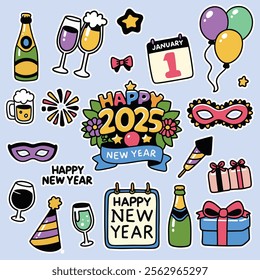 Happy New Year 2025 Party Doodle Clipart Set Vector Illustrations Greeting Cards Decoration