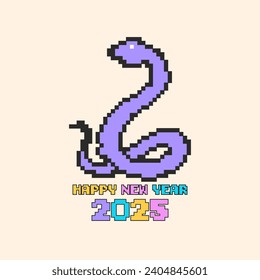 Feliz Año Nuevo 2025 con una serpiente de arte en píxeles con un estilo de juego retro de 8 bits. Banner de arte de píxeles de Año Nuevo. Ilustración del vector