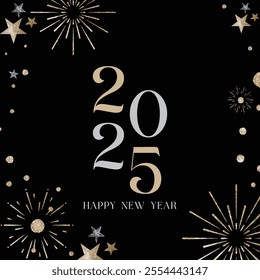 Happy New Year 2025 post. New year 2025 black and gold design with fireworks and minimal style. Typography post design. social media post, modern greeting card, and New Year banner vector illustration