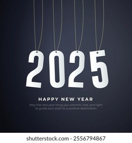 Happy New Year 2025 Post and Greeting Card Design. Minimal and elegant with hanging text vector illustration