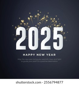 Happy New Year 2025 Post and Greeting Card Design. Luxurious and elegant with festive firework and text vector illustration