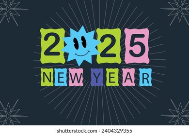 Happy New Year 2025 Poster in Brutalism Style. Retro Y2K Stickers. Vibes 70s. Stories template, postcard, poster