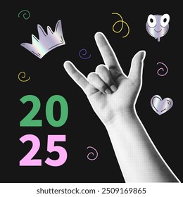 Happy New Year 2025 poster. Trendy halftone hand element for collages. Goat, horns gesture Hand. Cool party Christmas background. Square template for Social media congratulation. Vector illustration.