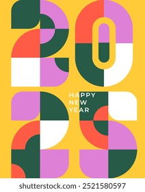 Happy new Year 2025 poster. Bright colorful numbers. Celebration, party and event. Noel Eve and Christmas. Winter holiday and festival. Template and layout. Flat vector illustration