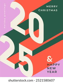 Cartaz Feliz Ano Novo 2025. Números coloridos volumétricos. Celebração, festa e evento. Véspera de Natal e Natal. Feriado e festival de inverno. Capa de mídia social. Ilustração de vetor plano