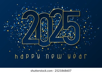 Happy New Year 2025 poster with numbers cut out of paper and with glitter. Winter holidays greeting or invitation. Vector illustration on blue background.