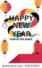 Happy New Year 2025 poster to celebrate Chinese New Year, Year of the Snake, combining traditional Chinese elements with contemporary design, lanterns, white background, vector illustration.