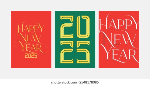 Happy New Year 2025 Poster Set: Celebrate the new year with minimalist, trendy designs featuring bold 2025 typography. Perfect for branding, banners, covers, and cards. 