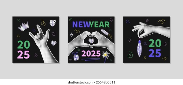Happy New Year 2025 poster set. Trendy halftone hand elements for collages. Hands show heart. Merry Christmas background. Square template for Social media congratulation. Vector flat illustration.