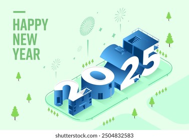 Happy new year 2025. Premium vector design for poster, banner, greeting, cover and new year 2025 celebration. 3D isometric look