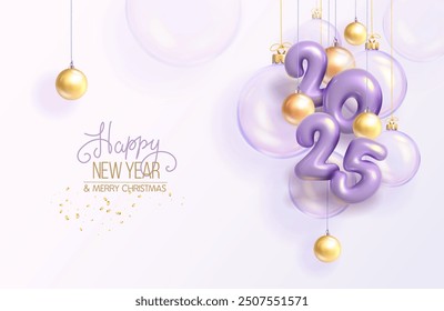 Happy New Year 2025. Purple 3D numbers, transparent Christmas ball and confetti. Vector illustration