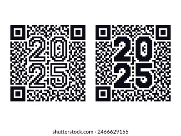 Happy New Year 2025 QR code icon isolated in white background. Universal pixelated qr code monochrome icon for greeting card, link,  logo  and other design. Vector Illustration. Not AI created.