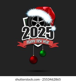 Happy new year 2025. Racing logo template design. Car wheel in santa hat. Design pattern for greeting card, banner, poster. Vector illustration on isolated background