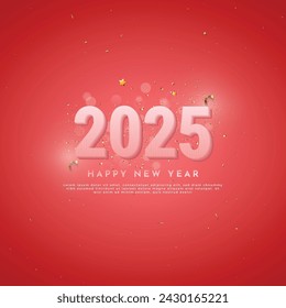 Happy new year 2025, Realistic 3d sign, stars, holiday festive illustration, red background with Pink number 2025 sparkling confetti, 2026