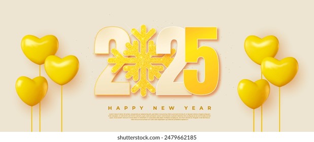 Happy New Year 2025 in realistic 3D style, accompanied by yellow snowflakes and heart-shaped balloons. This symbol is suitable for posters, banners, greeting cards and other layout designs.