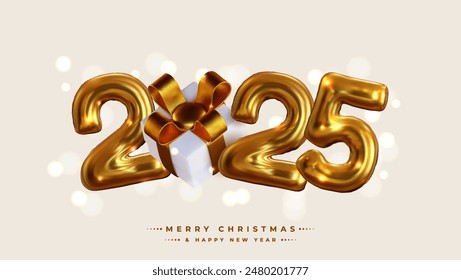 Happy New Year 2025! Realistic 3D rendering of the figures, complemented by gold gift box ribbons and Christmas decorations. This is the perfect celebratory sign for your 2025 celebrations.