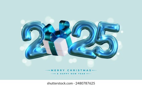 Happy New Year 2025! Realistic 3D rendering of the figures, complemented by shiny blue gift box ribbons and Christmas decorations. This is the perfect celebratory sign for your 2025 celebrations.