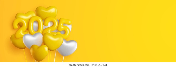 Happy New Year 2025 with realistic yellow and white balloons. This backdrop includes the 2025 number symbol in a shiny yellow look and hanging helium balloons, as well as sparkling gold confetti.