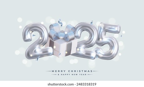 Happy New Year 2025! Realistic 3D rendering of the figures, complemented by silver gift box ribbons and Christmas decorations. This is the perfect celebratory sign for your 2025 celebrations.