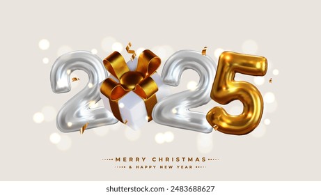Happy New Year 2025! Realistic 3D image rendering, equipped with gift boxes, shiny gold and silver colored numbers. This is the perfect celebratory sign for your 2025 celebration.