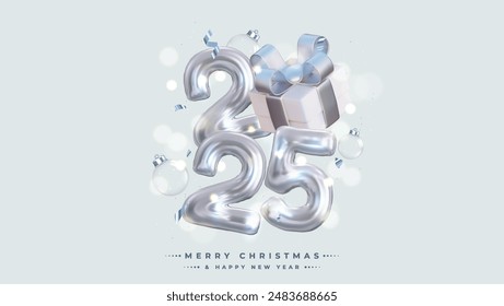 Happy New Year 2025! Realistic 3D rendering of the figures, complemented by silver gift box ribbons and Christmas decorations. This is the perfect celebratory sign for your 2025 celebrations.