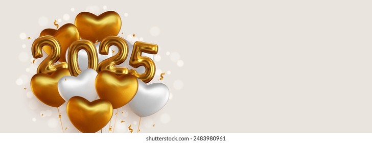 Happy New Year 2025 with realistic gold and white balloons. This backdrop includes the 2025 number symbol in a metallic look and hanging helium balloons, as well as sparkling gold confetti. Vector.