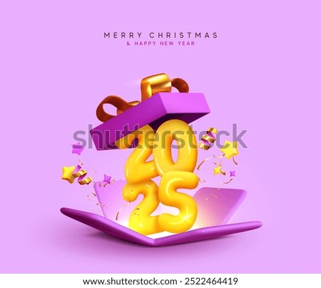 Happy New Year 2025. Realistic 3d open gifts box yellow number sign 2025. Merry Christmas Background. Xmas sale present. Holiday decorative purple boxes, Holiday gift surprise. Vector illustration