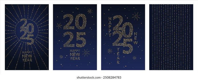 Happy New Year 2025 rectangle greeting cards set. Big gold numbers, lettering made of hand drawn golden foil spangles, sparkles, glittering dots. Dotted sunburst, Christmas light threads background.