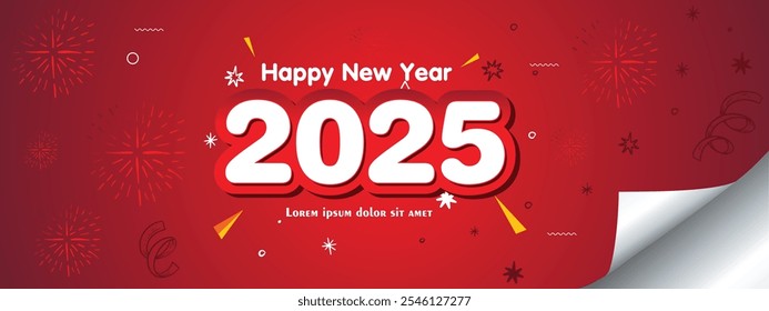 Happy New Year 2025 Red Color Background with Fire Work 