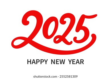 Happy new year 2025 red banner, poster, greeting card design template with hand lettering. Vector illustration with cute numbers, retro style