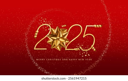 Happy New Year 2025 red holidays vector banner. New Year card with gold number of 2025, bow, glitter confetti and ribbons. Golden celebration new year 2025 background.