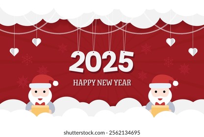 Happy New Year 2025 red paper cut card design with paper clouds,hearts and santa claus.Vector illustration background.