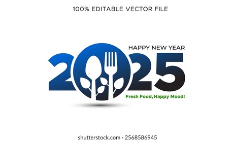 Happy new year 2025. Restaurant and hotel promotional advertisment. Fresh organic food concept with fork and spoon.