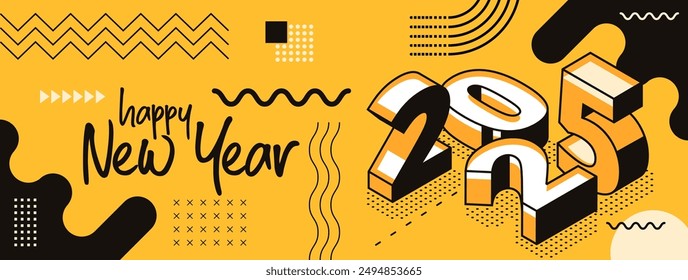 happy new year 2025 retro style cover with modern geometric abstract background with isometric. happy new year greeting card banner design for 2025 resolution. Yellow black Vector illustration