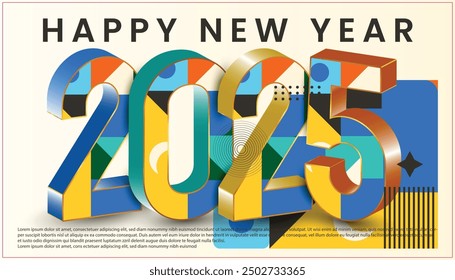 Happy New Year 2025 Retro Logo Background . Elegant 3D colorfull poster designs. Vector design for a 2025 poster and calendar 