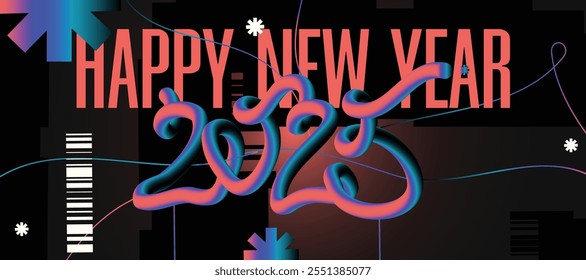 Happy New Year 2025 retro design modern design style with gradient, abstract patterns with lines New Year celebration design colorful vector illustration	