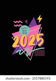 "Happy New year 2025" Retro memphis design. Welcome 2025, Hello 2025. Greeting Card Vector Eps 10