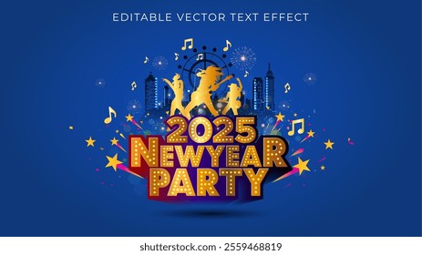 Happy New year 2025 rockstar with welcome fest, party, music concert, music notes, logo, fun, dance and celebration event background.