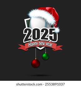 Happy new year 2025. Rugby logo template design. Rugby ball in santa hat. Design pattern for greeting card, banner, poster. Vector illustration on isolated background