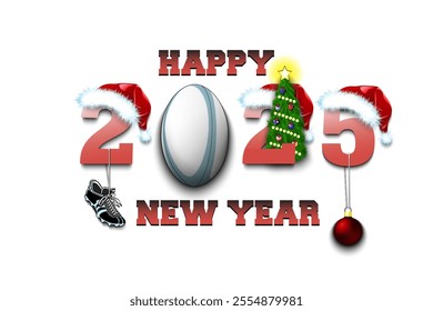 Happy new year. 2025 with rugby ball. Numbers in Christmas hats with rugby boot and Christmas tree ball. Original template design for greeting card. Vector illustration on isolated background