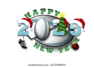 Happy new year. 2025 with rugby ball. Numbers in Christmas hats with rugby boot and Christmas tree ball. Original template design for greeting card. Vector illustration on isolated background