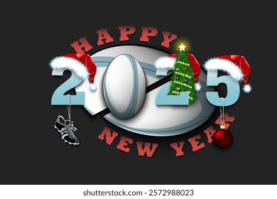 Happy new year. 2025 with rugby ball. Numbers in Christmas hats with rugby boot and Christmas tree ball. Original template design for greeting card. Vector illustration on isolated background