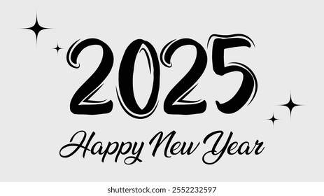 Happy New Year 2025 script text hand lettering. Vector illustration template. greeting cards.