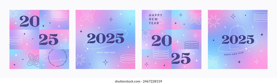 Happy Neuen Jahr 2025 Set quadratische Kartenabdeckungen, Post Vorlagen Design. Moderne ästhetische Gradienten Vintage Hintergründe, geometrische abstrakte Formen. Y2k trendige minimalistische Ästhetik. 
