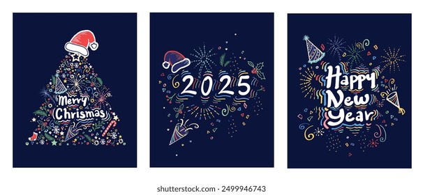 Happy new Year 2025 Set Designs Hand Drawn Doodle Style New Year and Christmas Colorful Decorations Vector Greeting Card Template Black Friday Sale Advertising Colorful Neon Holiday Attractive Texture