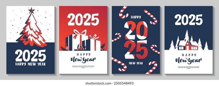 Happy new year 2025. Set of flyer, poster, banner, brochure design templates. Blue and red colors. Perfect for invitation, card.