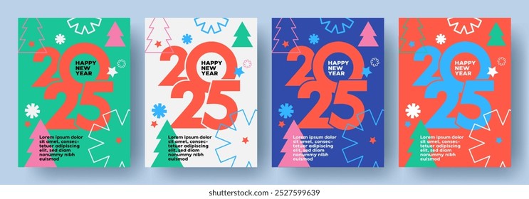 Feliz Ano Novo 2025. Conjunto de cartões modernos Xmas, banner, capa, cartaz em cores abertas brilhantes e estilo minimalista geométrico com formas simples de flocos de neve, árvore de Natal e design número 2025.