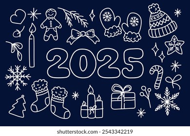 Feliz ano novo 2025 conjunto doodle elementos cor branca no fundo escuro desenhado à mão.