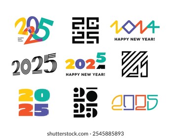 Happy new year 2025 set logo. Brochure or calendar cover vector design template. Set of 2025 number design template. Christmas symbols 2025 Happy New Year.